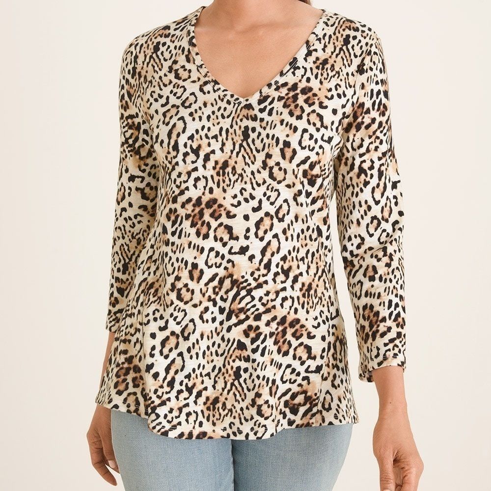 Animal-Print Cotton-Blend Slub V-Neck Tee Sz L